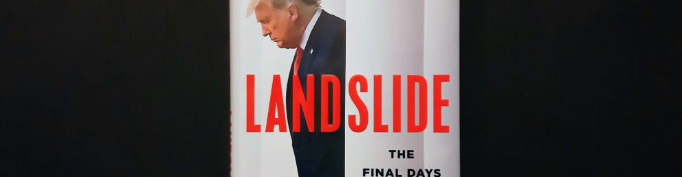 Das Cover von Michael Wolffs Buch Landslide zeigt Donald Trump, wie er mit hängendem Kopf zwischen Marmorsäulen hervorkommt. Seine leuchtend rote Krawatte geht in den Aufstrich des Buchstaben N im ebenfalls knallroten Schriftzug Landslide über.